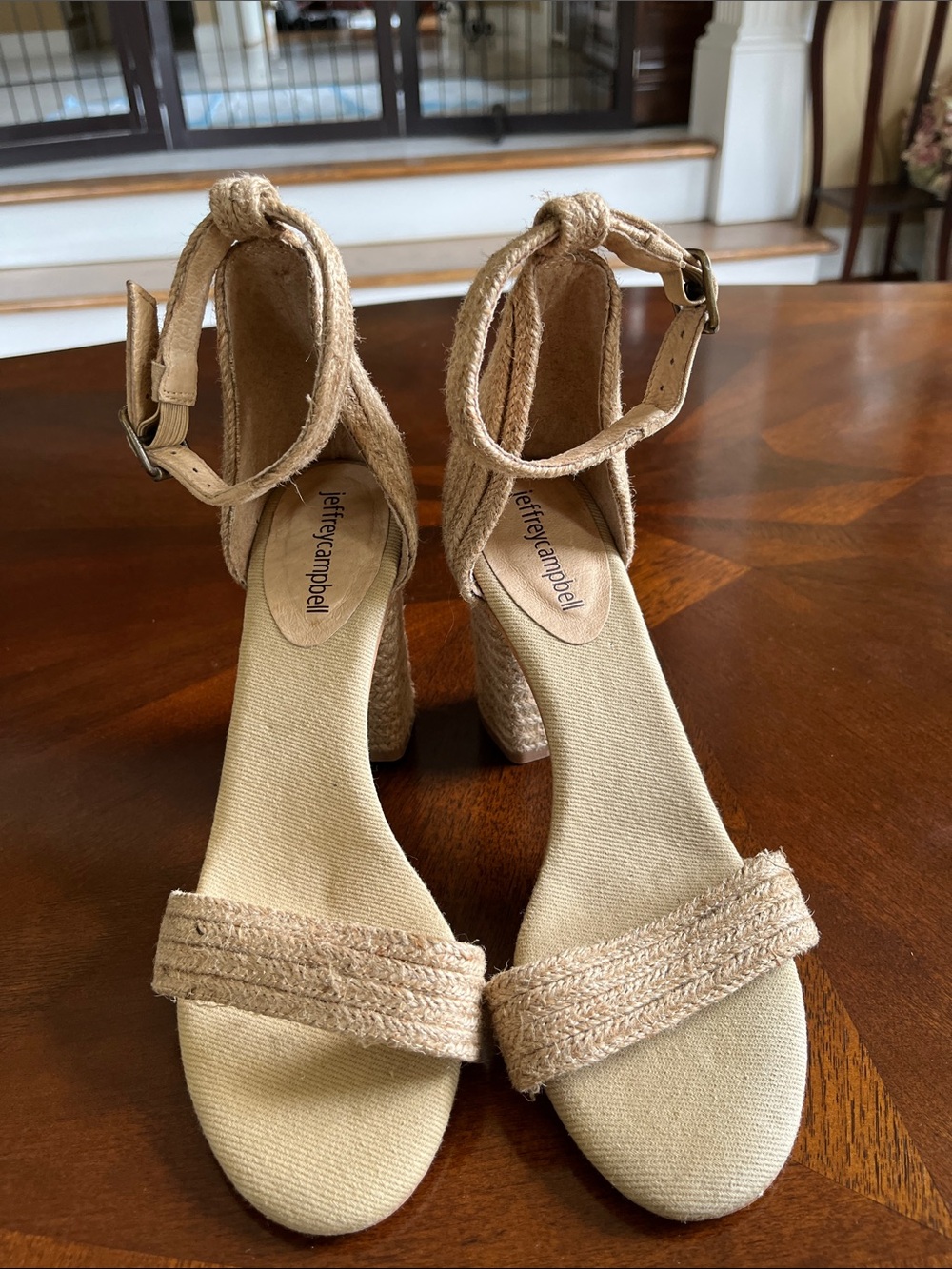 Jeffrey Campbell Beige Woven Espadrille Ankle-Strap Wedges